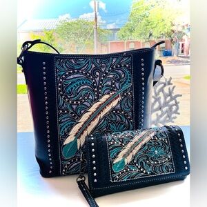 Embroidered Feather Tote & Wallet Set - Teal/Black